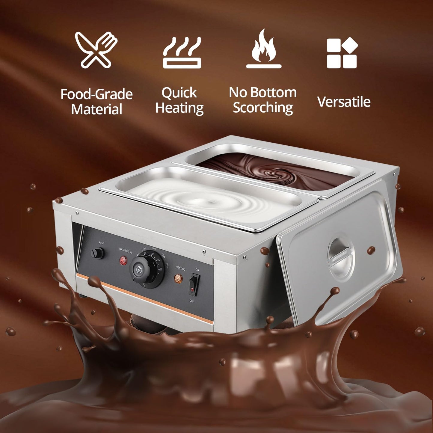GarveeHome Chocolate Tempering Machine - 4.12 QT *2 Tanks, Temp Control 86~176℉, 1500W Stainless Steel Electric Commercial Food Warmer for Chocolate/Milk/Cream Meltingream Melting