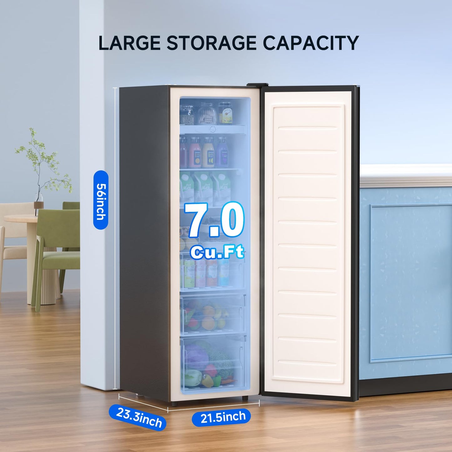 BANGSON Upright Freezer, 7.0 Cu.ft Stand Up Freezer, Convertible Upright Freezer/Refrigerator, Single Door for Kitchen,Garage, Office, Apartment, Black