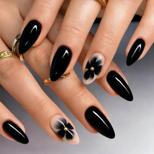 Press on Nails with Flower Design Floral Medium Almond False Nails Black Ombre Fake Nail Glossy Gold Accent Glue on Nail Gradient Stick on Fingernails for Women Elegant Daily Wear