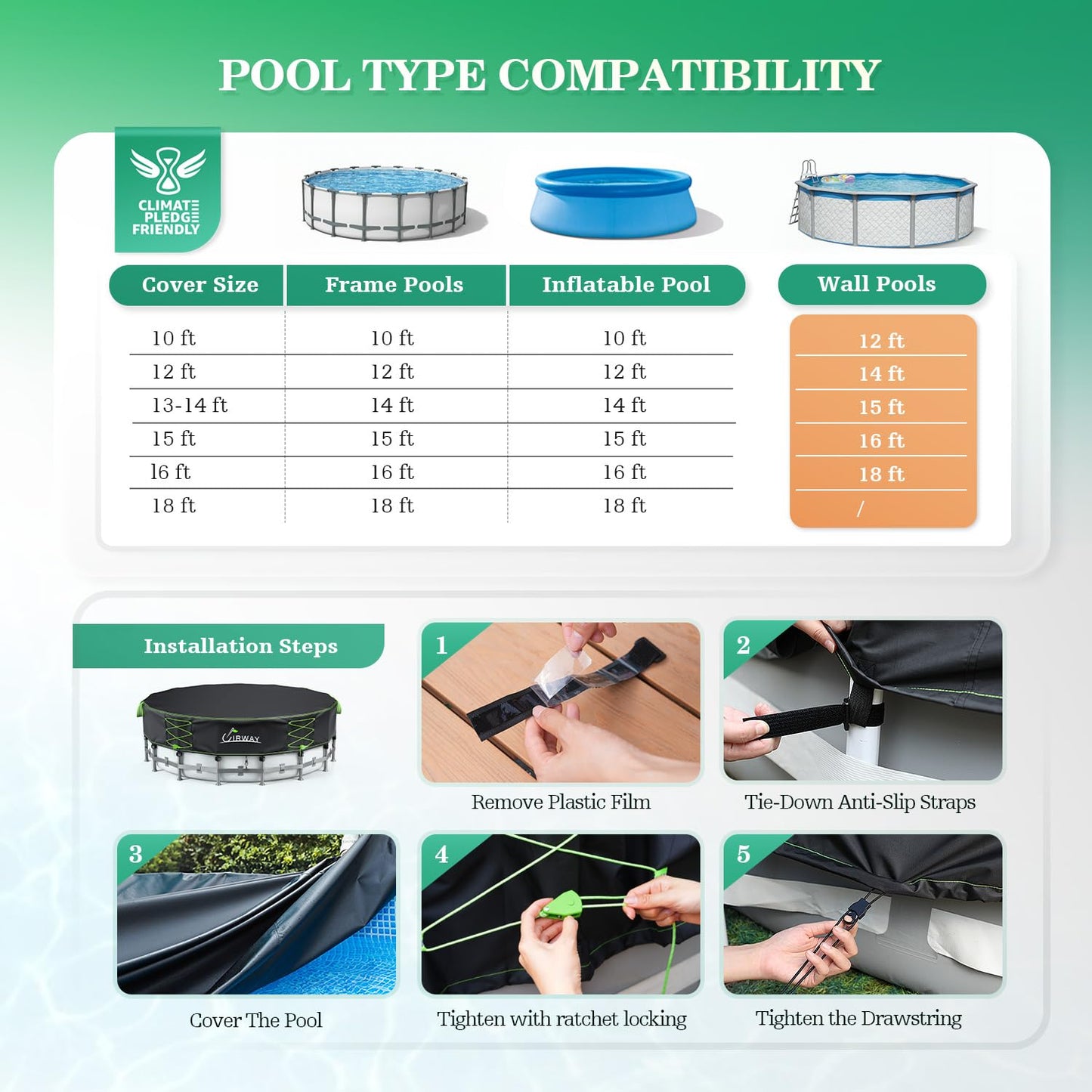 Uirway 600D Heavy duty 15ft Round Pool Covers For Above Ground Pools, Solar Pool Cover Windproof Ratchet Locking System & Reflective Drawstring, Weatherproof Hard Pool Covers UV Protection with Straps