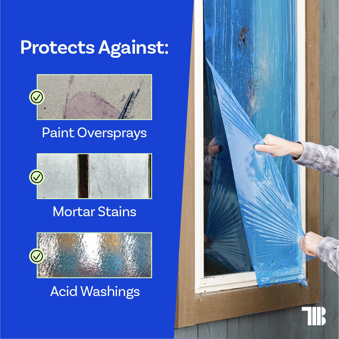 TapeManBlue Window Protection Film, 48 inch x 600 feet, Made in The USA, Strongest and Most Durable Window Protection Film for Construction, Blue Self-Adhesive Temporary Glass Protection Tape