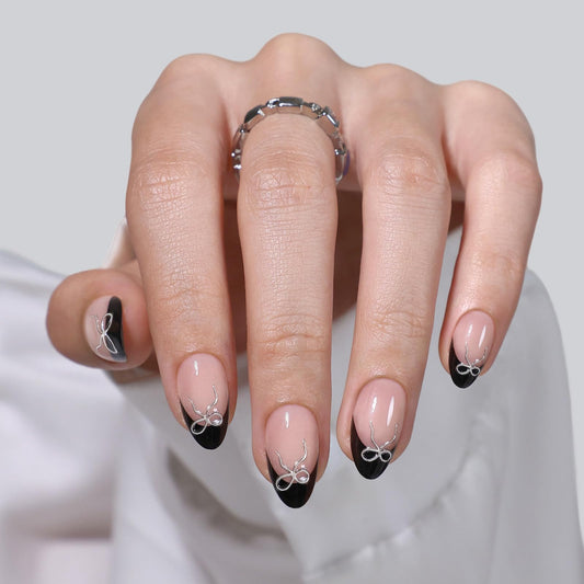 SHANGMENG Black French Tip Press on Nails Short with 3D Bow Design - Soft Gel Almond Fake Nails for Women Gift, Natural Stick on Nails with Glue in 16 Sizes - 32 Reusable Nails, Silver Ribbon