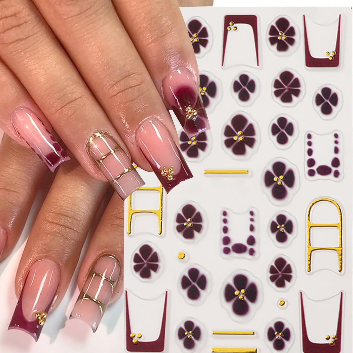 4 Sheet Flower Nail Art Stickers Golden Gilding French Design Nail Stickers 3D Self-Adhesive Exquisite Line Nail Decals Leopard Print Nail Art Decals Fall Flower Nail Supply for Women DIY Manicure