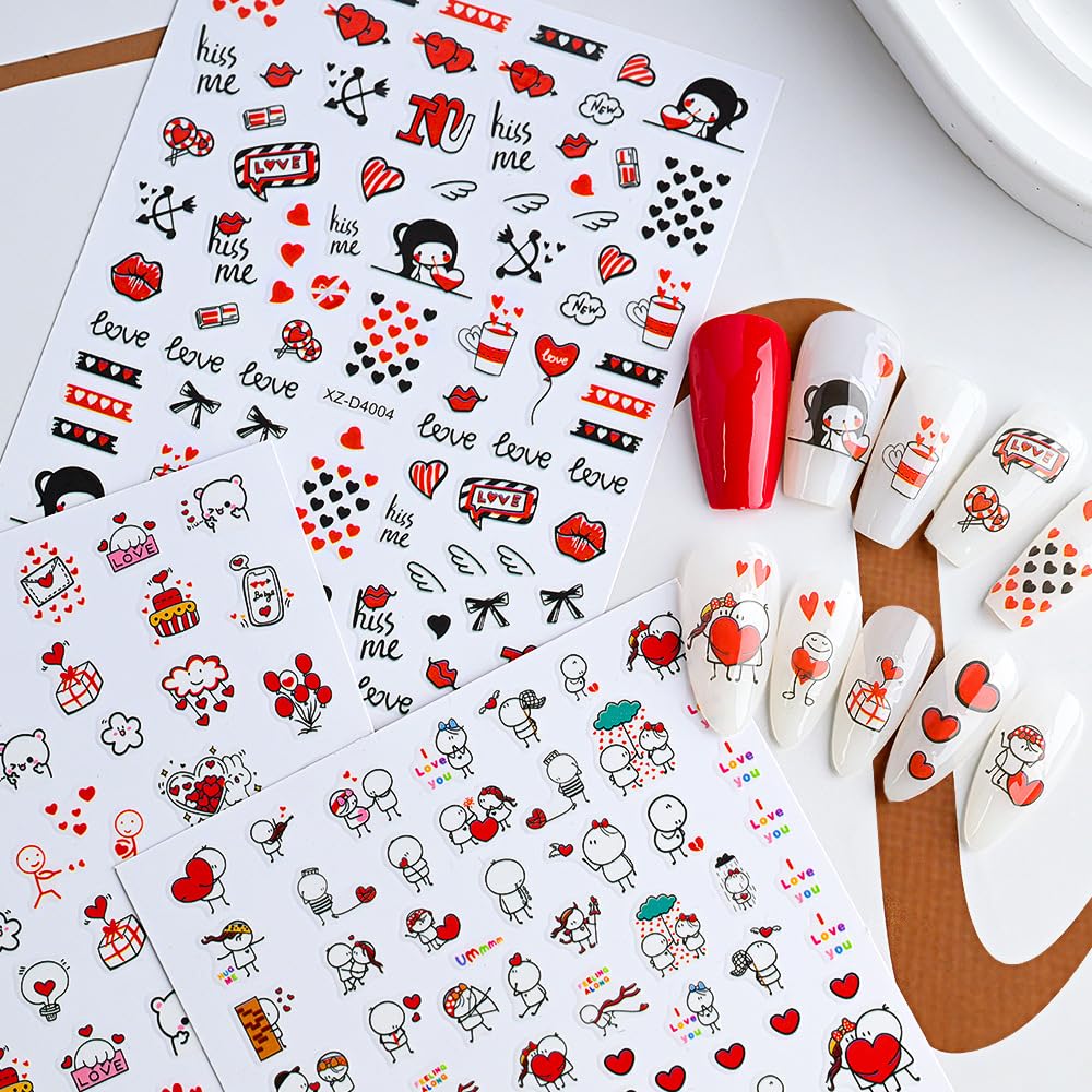 6 Sheets Valentine's Day Nail Stickers for Nail Art, 3D Self-Adhesive Rose Heart Nail Decals, Kiss Flower Love u Nail Supplies Nail Art Design Accessories for Women and Girls Manicure DIY Decoration