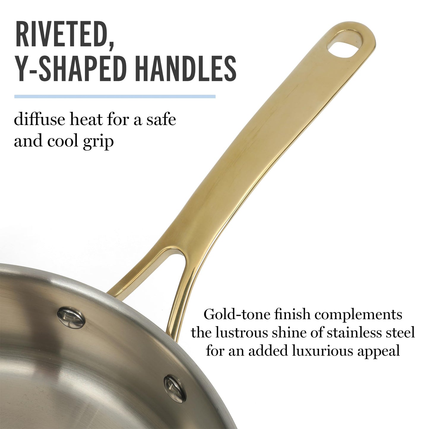 Martha Stewart Castelle 10 Piece 18/8 Durable Stainless Steel Induction Safe Pots and Pans Non-Toxic Kitchen Cookware Set - Gold Handles - Dishwasher Safe