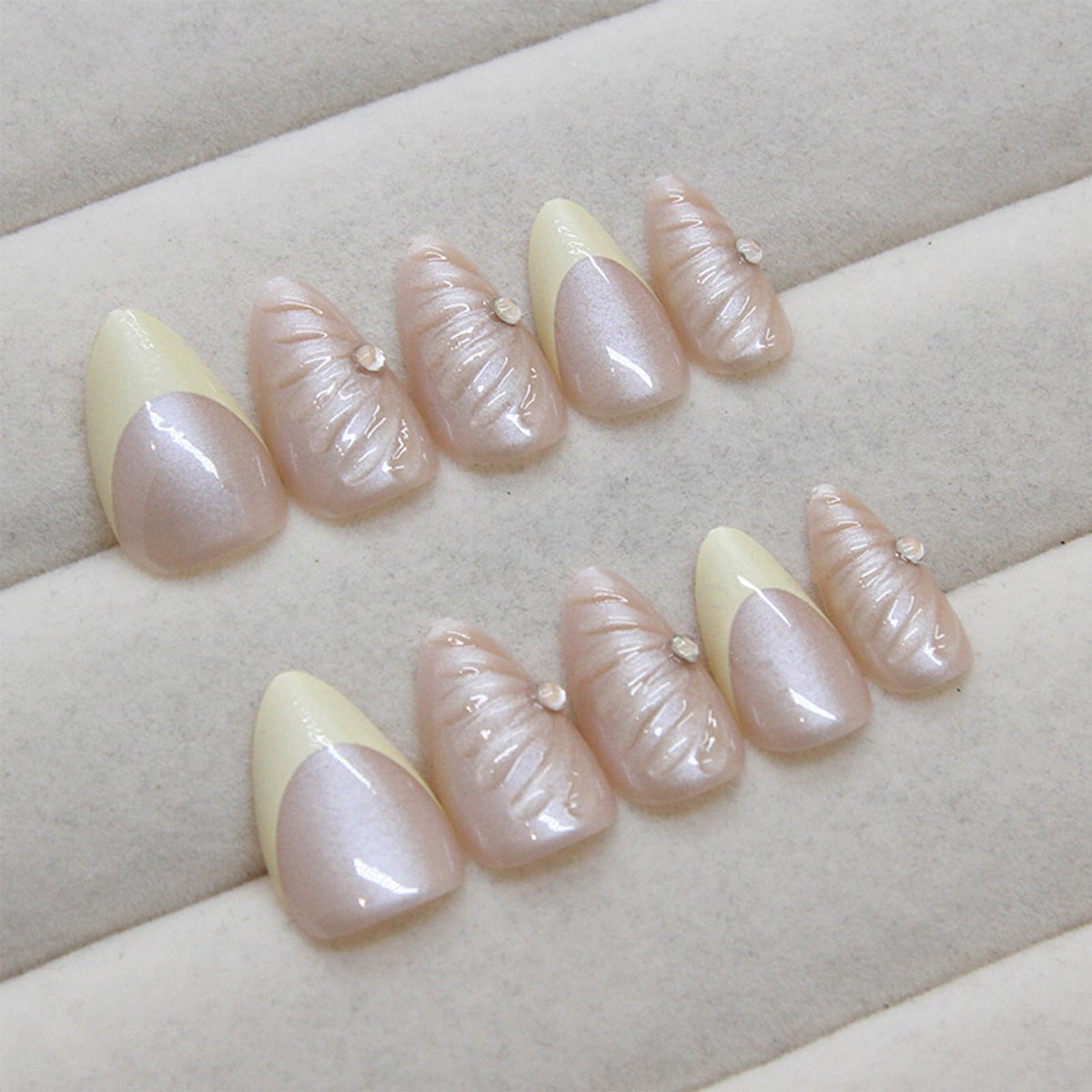IMRAIN Chrome Press on Nails Medium Almond Fake Nails Yellow French Tips Glue on Full Cover 3D Shell & Rhinestone False Nails Cute Nude Artificial Nails - 24Pcs