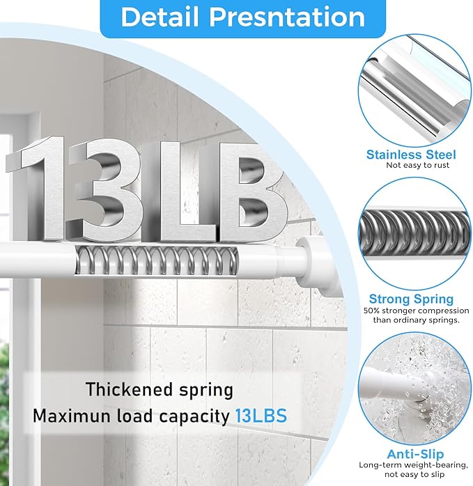 Shower Curtain Rod 31-49 Inch,0.87"Diameter Adjustable Spring Tension Curtain Rods No Drill,Ivory White Shower Tension Rod for Bathroom,Room Divider,Window,Anti-Rust Non-Slip 1-Pack