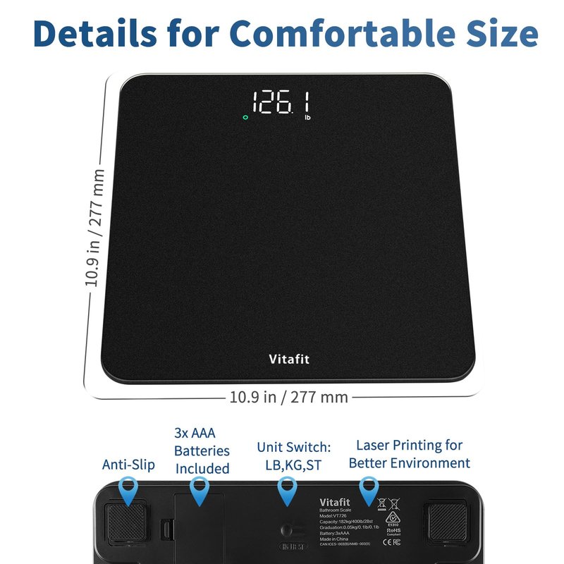 Vitafit Scale for Body Weight, Accuracy 0.1lb by Our Professional Weight Scale Factory Since 2001, Digital Bathroom Scales LED and Step On, 3xAAA Battery Included, 400lb/182kg, Spray Silver Black