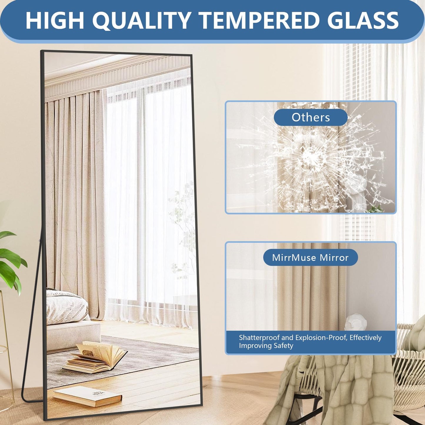 76"X34" Large Floor Mirror Full Length with Stand, Oversized Black Free Standing Full Length Mirror for Bedroom Living Room Home Gym, Rectangular Full Body Mirror, Tempered Glass