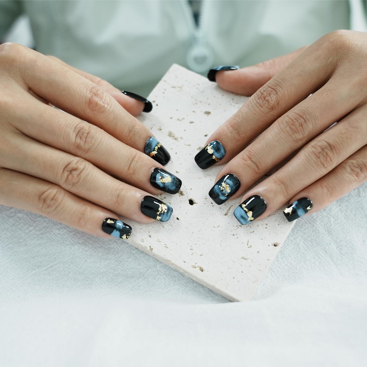 Tesytto Short Coffin Press on Nails - Handmade Black Fake Nails with Blue Ombre Glitter Gold Foil Design, High Gloss Acrylic Nails for Women, Party, Daily Wear (Playful Doodle,M)