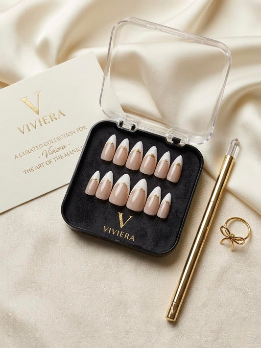 Viviera Press-On Nails, Nude Almond Shape with White French Tip and Gold Accent, 12 Handmade Pieces, Includes Manicure Kit