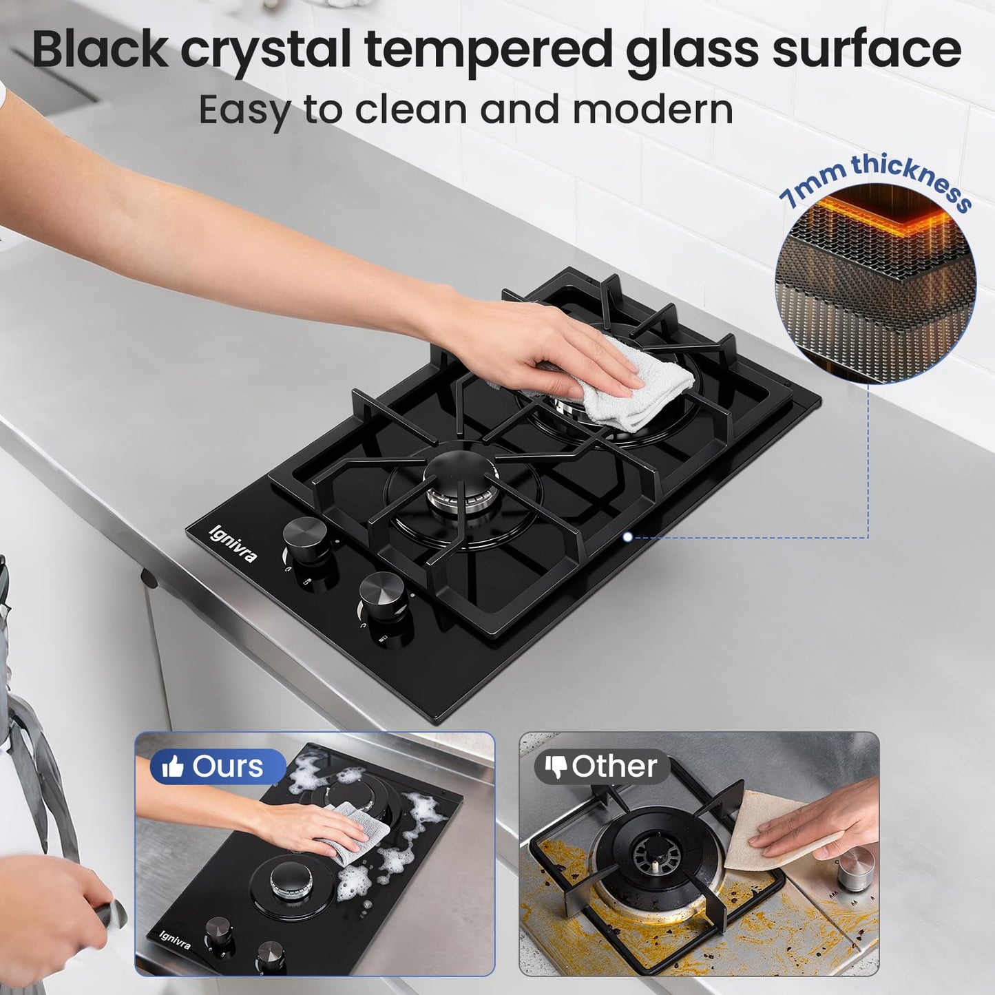 Ignivra Gas Cooktop 4 Burners, 12000W Built-in Gas Stove, Black Crystal Tempered Glass Propane Cooktop, 24x20" Top Propane Stove Indoor LPG/NG Dual Fuel Hob for Apartment Kitchen RV