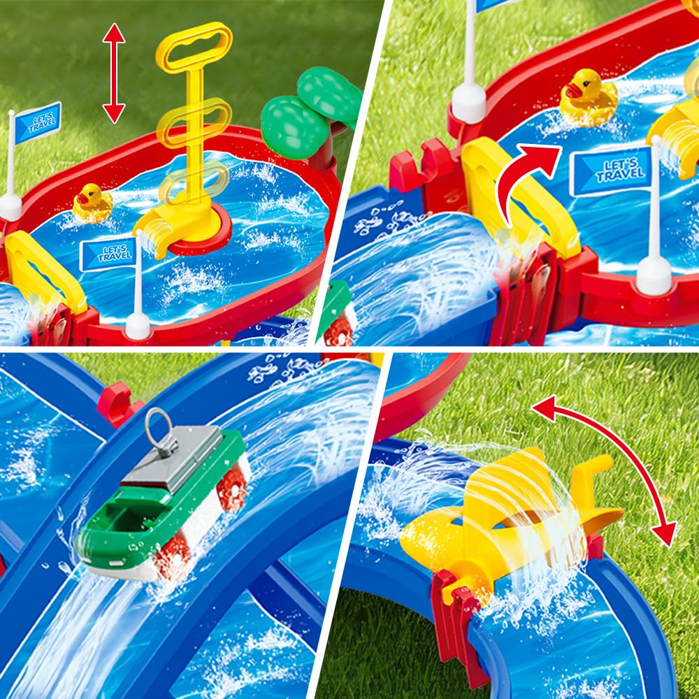 VATOS 2-Tier Outdoor Water Table Toys for Kids, 61PCS DIY Summer Waterways Playset with Pump, Toddler Water Park Toys for Pool Backyard Beach, Sensory Activity Fun Toy Gift for Boys Girls 3-5 4-8