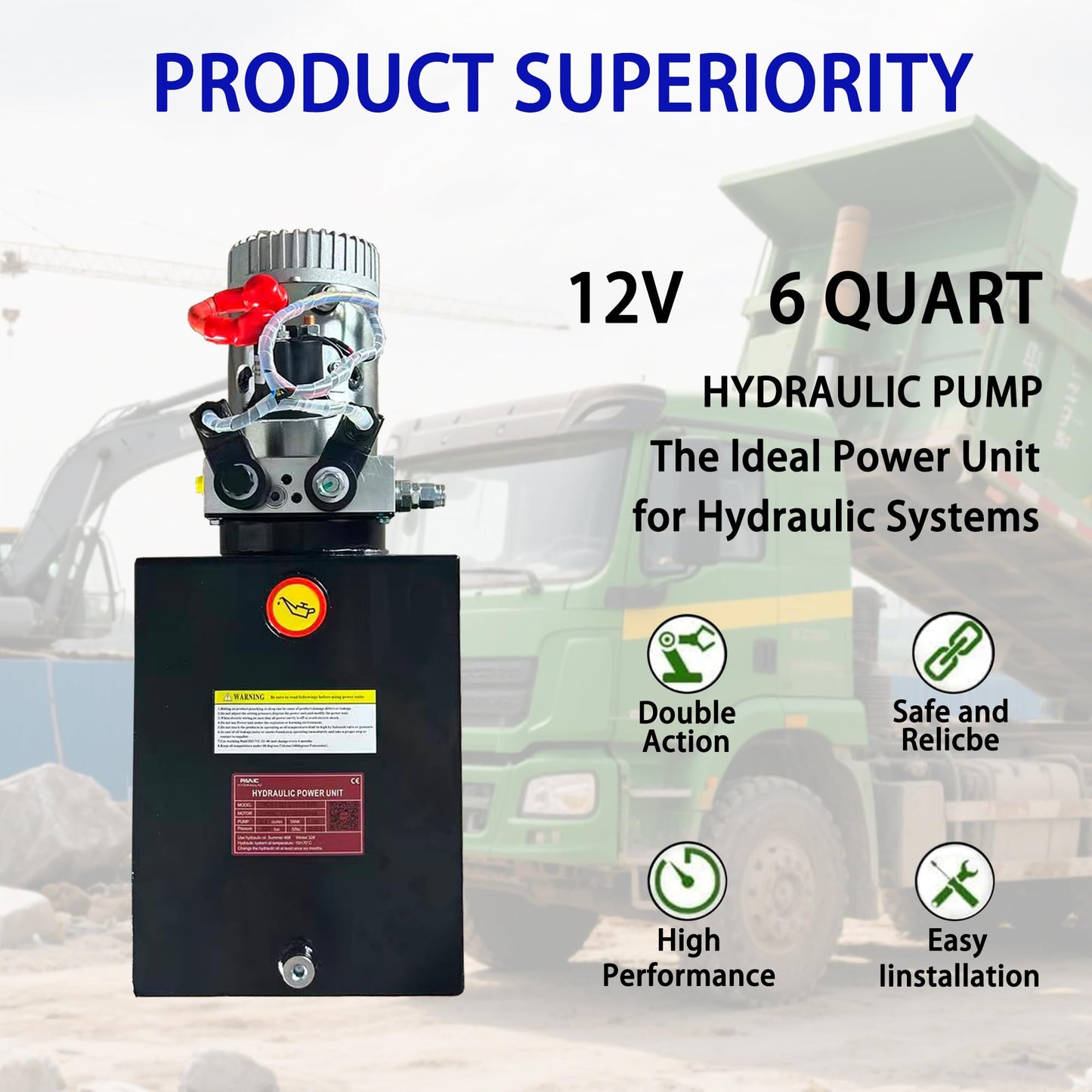 ParnicoTech Hydraulic Pump 6 Quart Double Acting Hydraulic Power Unit 12V DC, 3200 PSI Max Relief Pressure, Hydraulic Pump Dump Trailer Hydraulic Pump, SAE # 6 Port,Steel