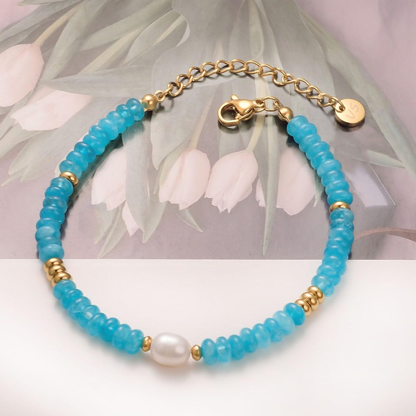 vissen Blue Natural Stone Bracelet for Women Gold Plated Stainless Steel Freshwater Pearl Cultured Dainty Bracelet Jewelry Gift