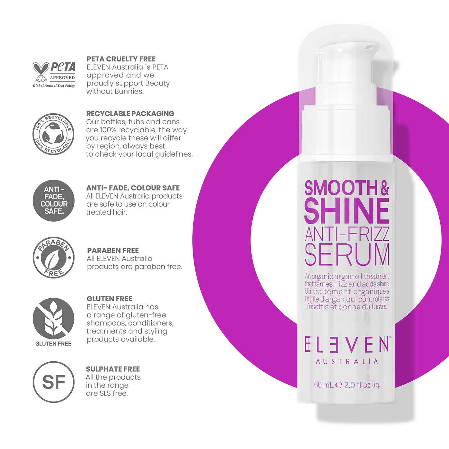 ELEVEN AUSTRALIA Smooth & Shine Anti-Frizz Serum - Anti Frizz Hair Care Products for Men and Women, Tames Frizzy Hair, Adds Shine, Lightweight Smoothing Formula - 2 fl oz