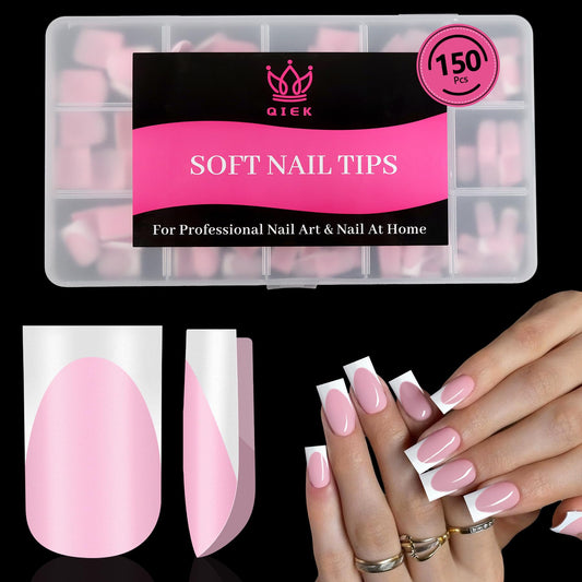 Qiek French Tips Press On Nails - 150Pcs Light Pink Short Square Soft Gel Nail Tips Pre-Designed, 15 Sizes Fake Nails for Nail Art DIY, False Nails Salon Quality Manicure at Home Gifts For Women