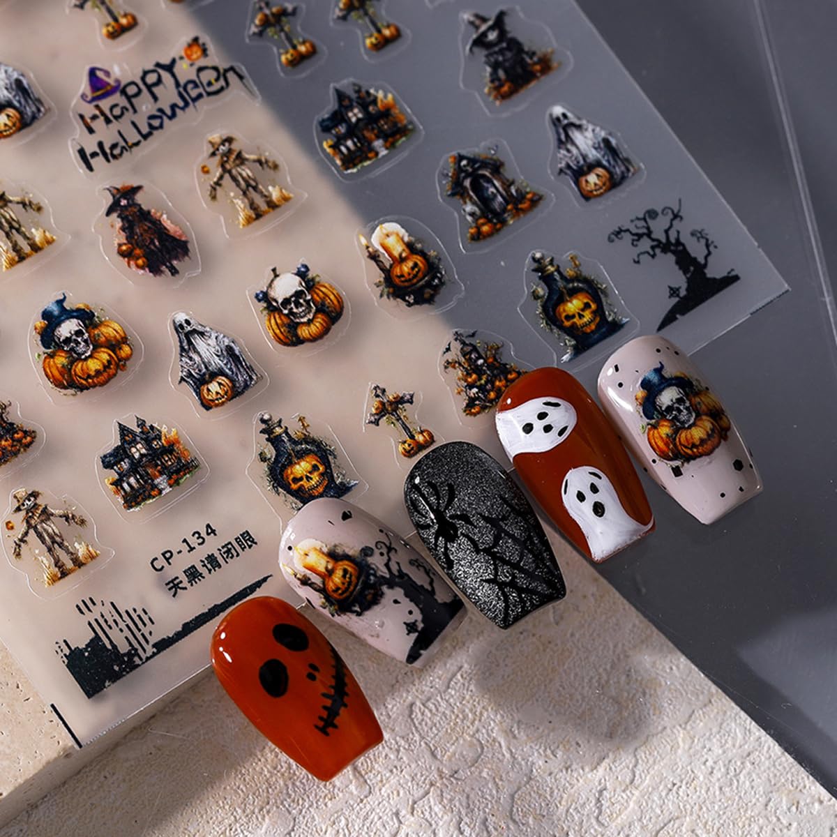 Halloween Nail Stickers for Nail Art Pumpkin Ghost Skeleton Nail Decals Spooky Stickers for Nails 3D Self Adhesive Nail Art Supplies & Decorations for Women Girls,1 Sheet DIY Manicure Decor
