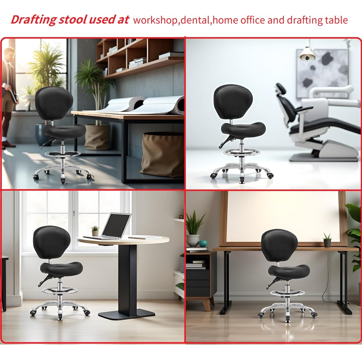 Kaleurrier Adjustable Stool Drafting Chairs: Tall Office Chair for Standing Desk with Backrest & Foot Rest - Ergonomic Drafting Stools with Rolling Wheels for Shop Studio Dental Salon Home(Black)