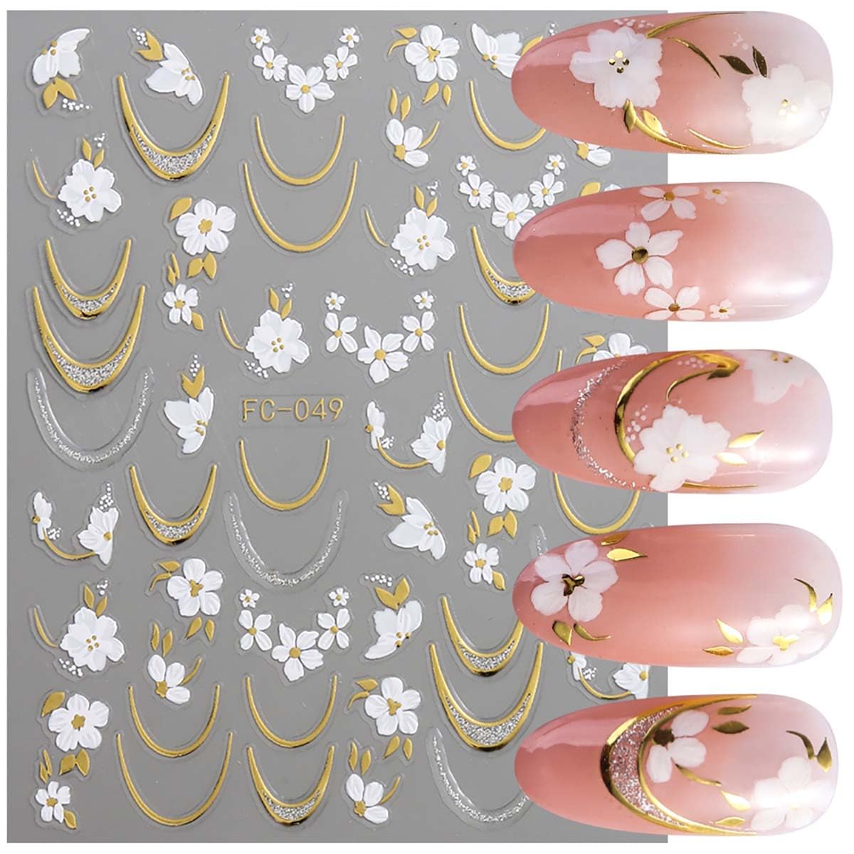 6 Sheets Flower Nail Stickers with Gold Silver Glitter Line Design Nail Decals 3D Self-Adhesive White Floral Nail Art Stickers Spring Summer Nail Decoration for Women DIY Manicure Supplies