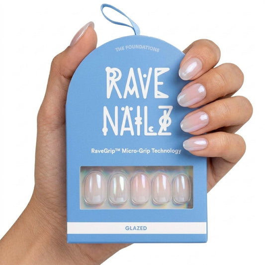 Rave Nailz Glazed French Tip Press On Nails (30 Count) - Short Oval Glossy Press On Nails with Subtle Elegance - Chip-Resistant Fake Nails with Glue, Includes File, Long-Lasting 2+ Weeks