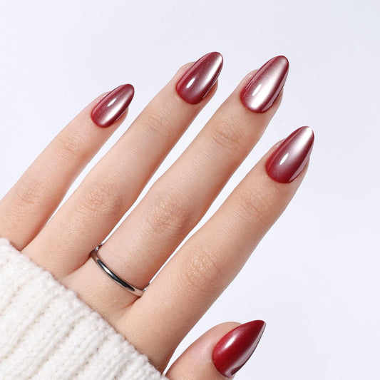 Red Cat Eye Press on Nails Short Almond - Wine Red Press on Nails, Reusable Glossy Nails Press ons for Women, Fake Nails Kit with Glue, 32 Pieces in 16 Sizes