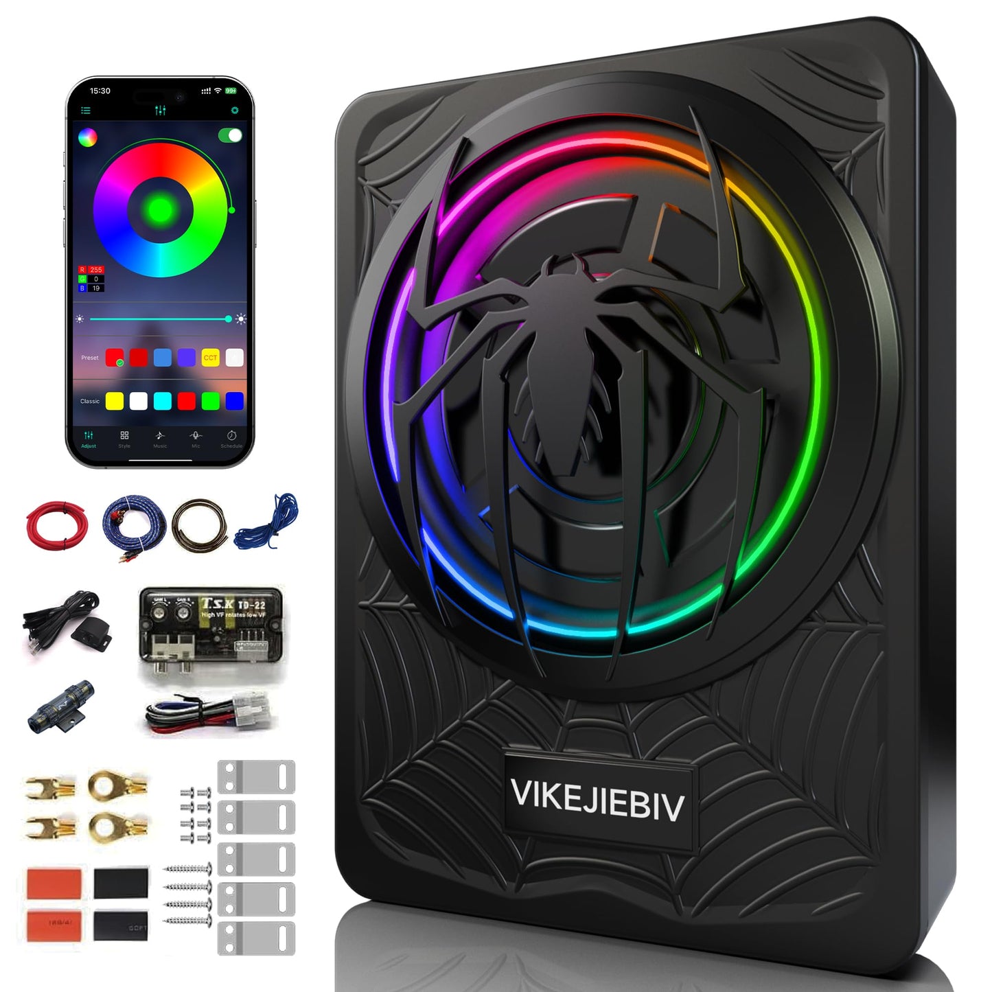 1200W RGB Subwoofer, Slim Underseat Car Subwoofer and Amp Package with RGB Beat-Synced Light, Individual Control for Low Pass/Gain/Boost (A, B)
