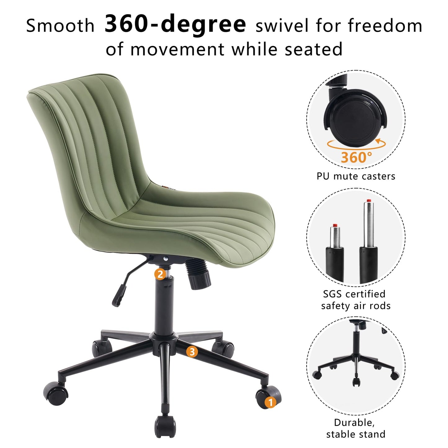 YOUNIKE Armless Home Office Desk Chair with Wheels Compact Comfy Vanity Chair with Adjustable Back Modern Small Leather Upholstered Rolling Swivel Cute Task Drafting Sewing Chair No Arms Olive Green