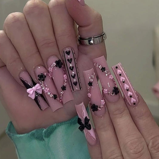 MISUD Press on Nails - Long Square Glue on Nails with Y2K Pink Black, Acrylic Rhinestone Bow Design 24 pcs
