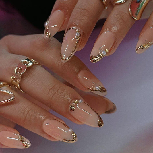CTTHNBD Press on Nails Almond - French Tip Fake Nails with Gold Line Design - Medium Fasle Nails Press ons - for Women 24 Pcs