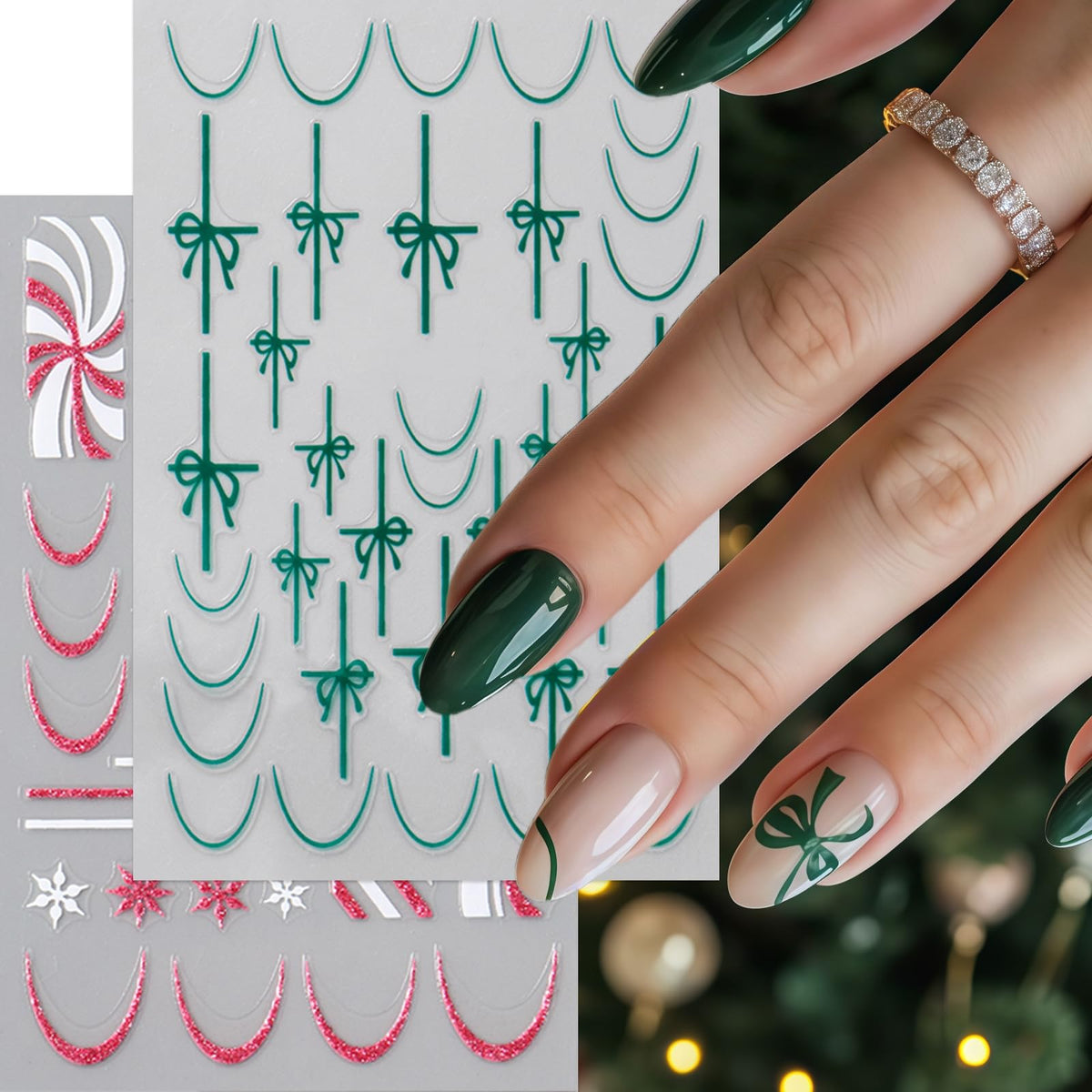 6 Pcs Christmas Nail Art Stickers Decals Pink White Glitter Snowflake Nail Decals with Green Gift Box Bow Green French Line Nail Design Pink Candy Stripe Nail Supplies for DIY Manicure Winter Xmas DIY
