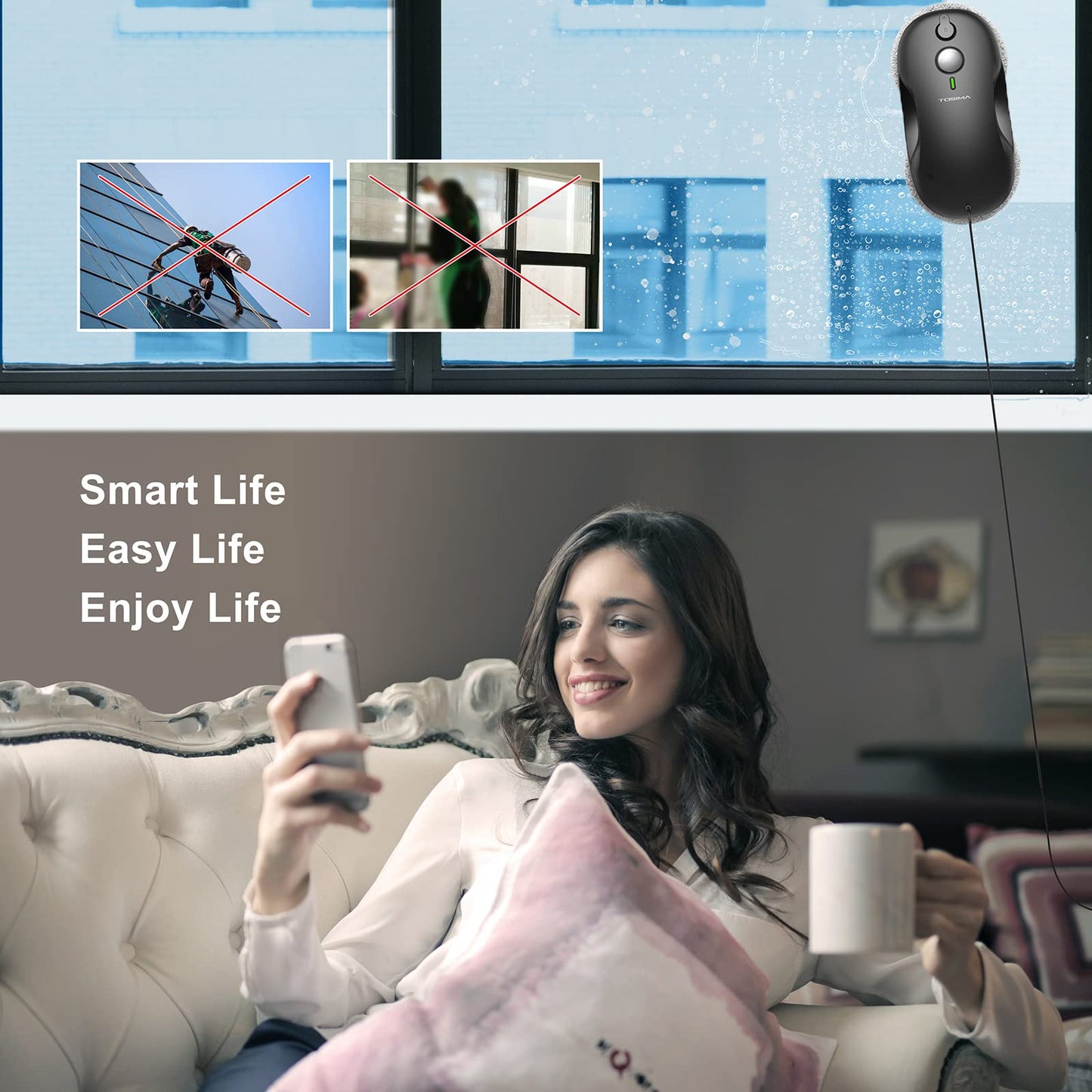 Tosima W3 Window Cleaning Robot - Dual Direction Auto-Spray Smart Window Cleaner with Triple Safety System, Smart Navigation, Remote Control, for All Smooth Surfaces, with 12 Rags, Black