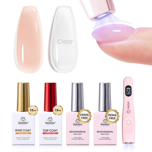 Beetles Builder Gel Nails Kit HEMA Free & Handheld Nail Lamp,8 in 1 Clear Natural Nude Building Gel with Base & Top Coat,for Nail Thickening Strengthening Building Apex for Beginner DIY Salon at Home