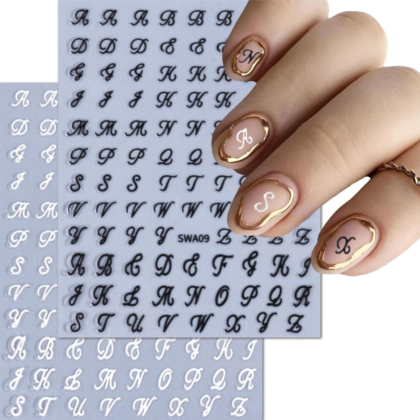 12 Sheets Letter Nail Stickers for Nail Art 3D Self Adhesive White Black Silver Gold Nail Art Stickers English Nail Decals Letter Decoration Accessories for Women Girls DIY Acrylic Nails
