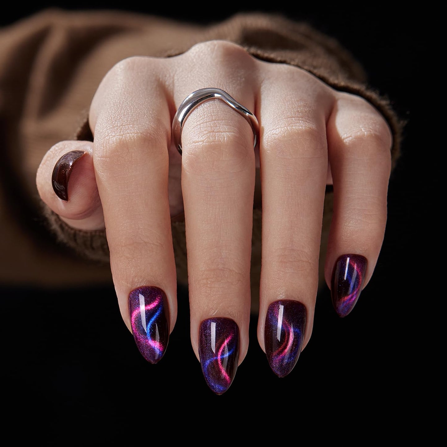 VSALON Press on Nails Short Almond - Cat Eye Fake Nails Dark Purpule Blue Sparkle Ribbon Nails, Reusable Spring Summer Opaque Gel Swirl Glue on Nails with Glue & Cuticle Oil - 32 PCS in 16 Sizes