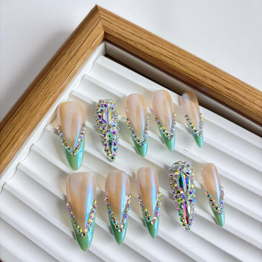 Yabonica French Tip Press On Nails Long Stiletto,10 Pcs Handmade Acrylic Fake Nails Press Ons Salon Design Stick On Nails,Luxury UV Gel Glue On Nails with 3D Rhinestone (039Blue, M)