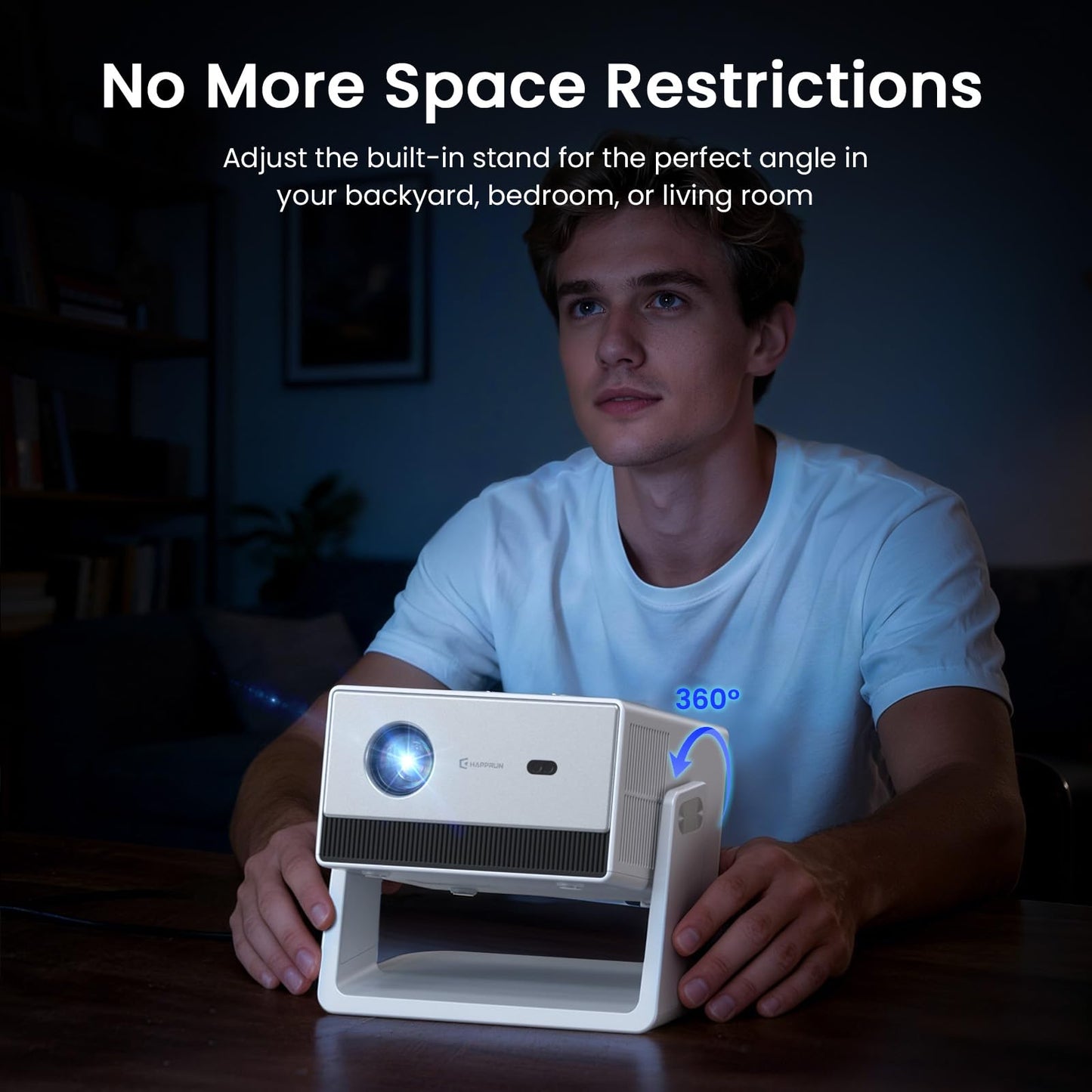 Mini Smart Projector, 1500 ANSI Portable Projector with WiFi and Bluetooth, HAPPRUN 4K Full HD Home Theater with 270° Stand, Dolby Sound, Built-in Apps,Compatible with Phone & PC, Indoor & Outdoor Use