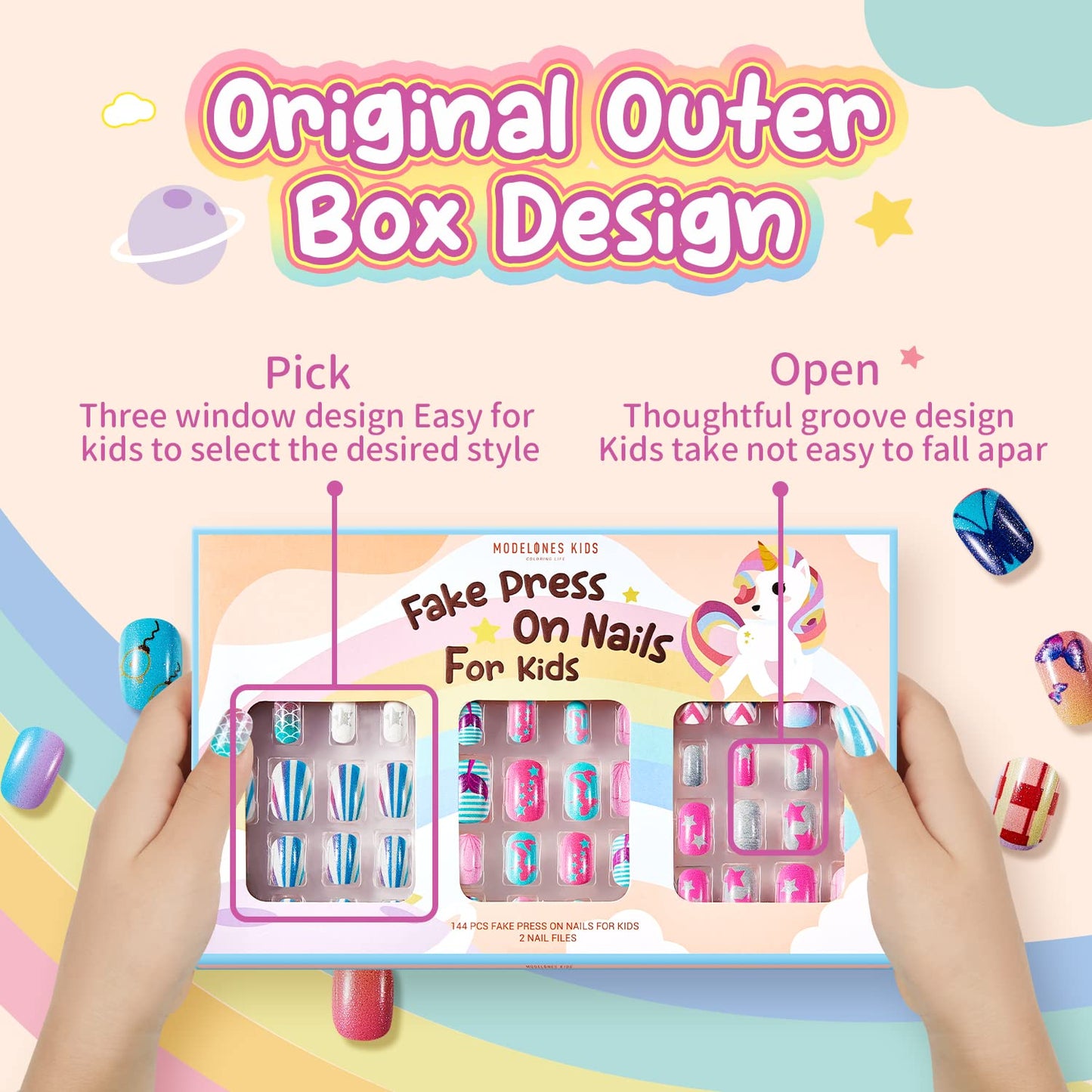Modelones Press on Nails for Kids 144Pcs 6 Pack Children Acrylic Fake Nails Pre-glue Full Cover Glitter Color Mermaid Beach Short False Nail Art Kits Sets Gifts for Girls