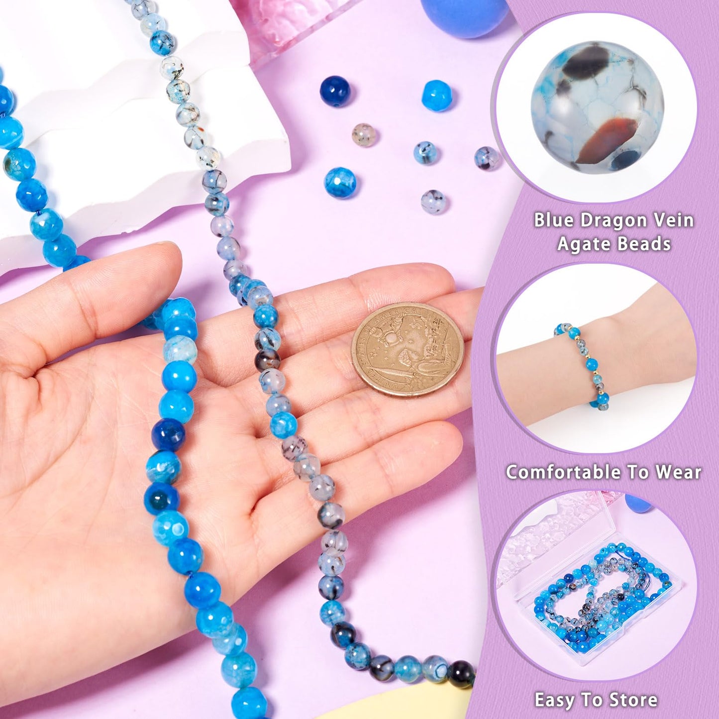 Beadthoven 110pcs Natural Dragon Veins Agate Beads 6mm 8mm Blue Round Stone Beads Smooth Natural Healing Crystals Gemstone Spacers for DIY Jewelry Making Crafts Friendship Bracelets Necklace