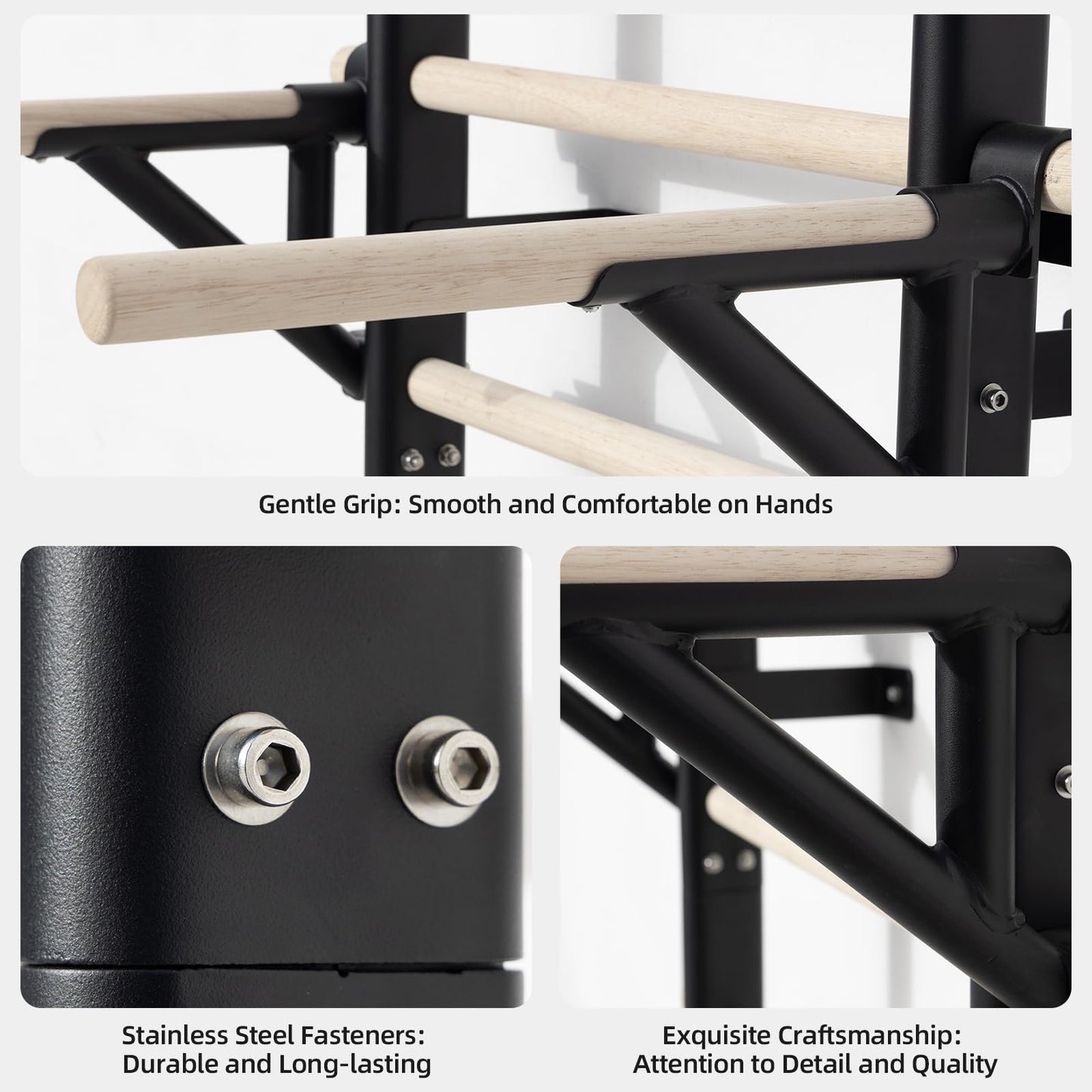 RIOWLAU Swedish Ladder Dip Bar Attachment, Fits TS003A Ladder, Wood Stall Bar for School, Physical Therapy and Gymnastics, Multi-grip (Black, 20"L x 2""W x 11""H)"