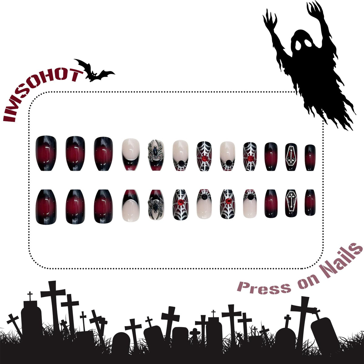 IMSOHOT Halloween Medium Coffin Press on Nails, Black Red Ombre with 3D Spider Glossy Acrylic Nails, 24PCS