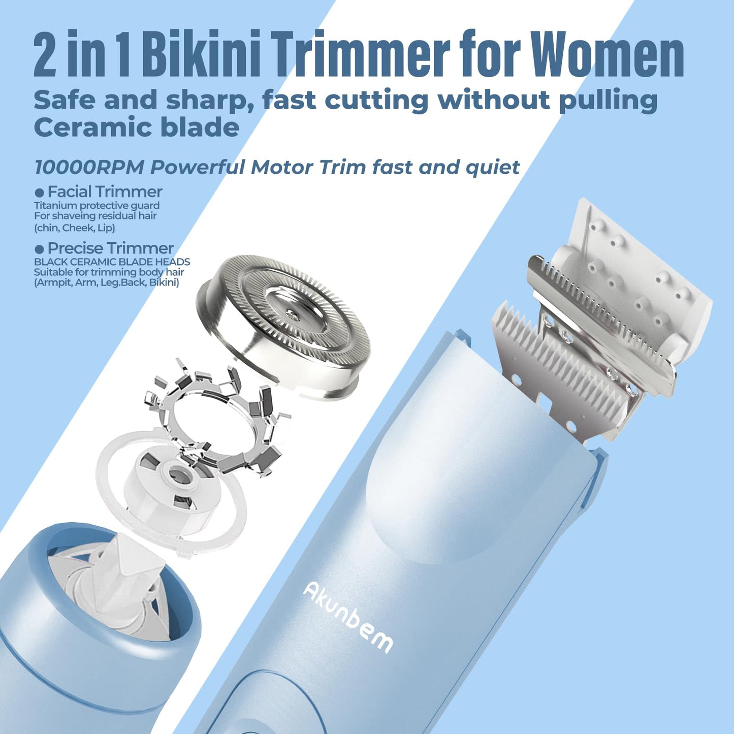 Akunbem Bikini Trimmer for Women - 2 in 1 Electric Razors for Women - Dual Head Electric Shaver - IPX7 Waterproof Wet & Dry Use Body Hair Trimmer and Facial Hair Remover for Bikini Underarm Leg Arm