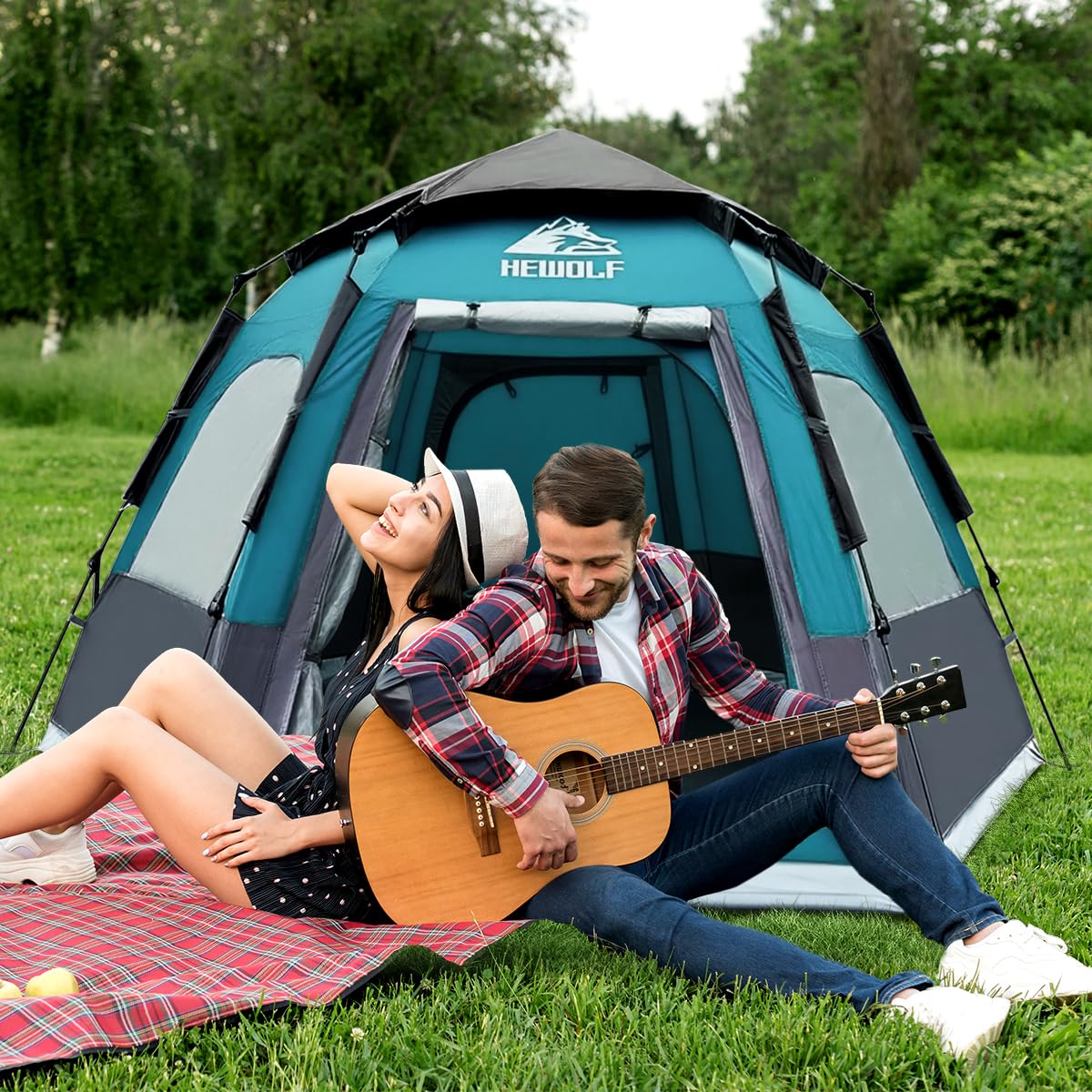 Hewolf 2/3/4 Person Camping Tent - Instant Pop Up Waterproof 2 Doors Tent with Easy Setup | 3-Season Hexagonal Dome Design for Family, Hiking & Traveling (Blue)