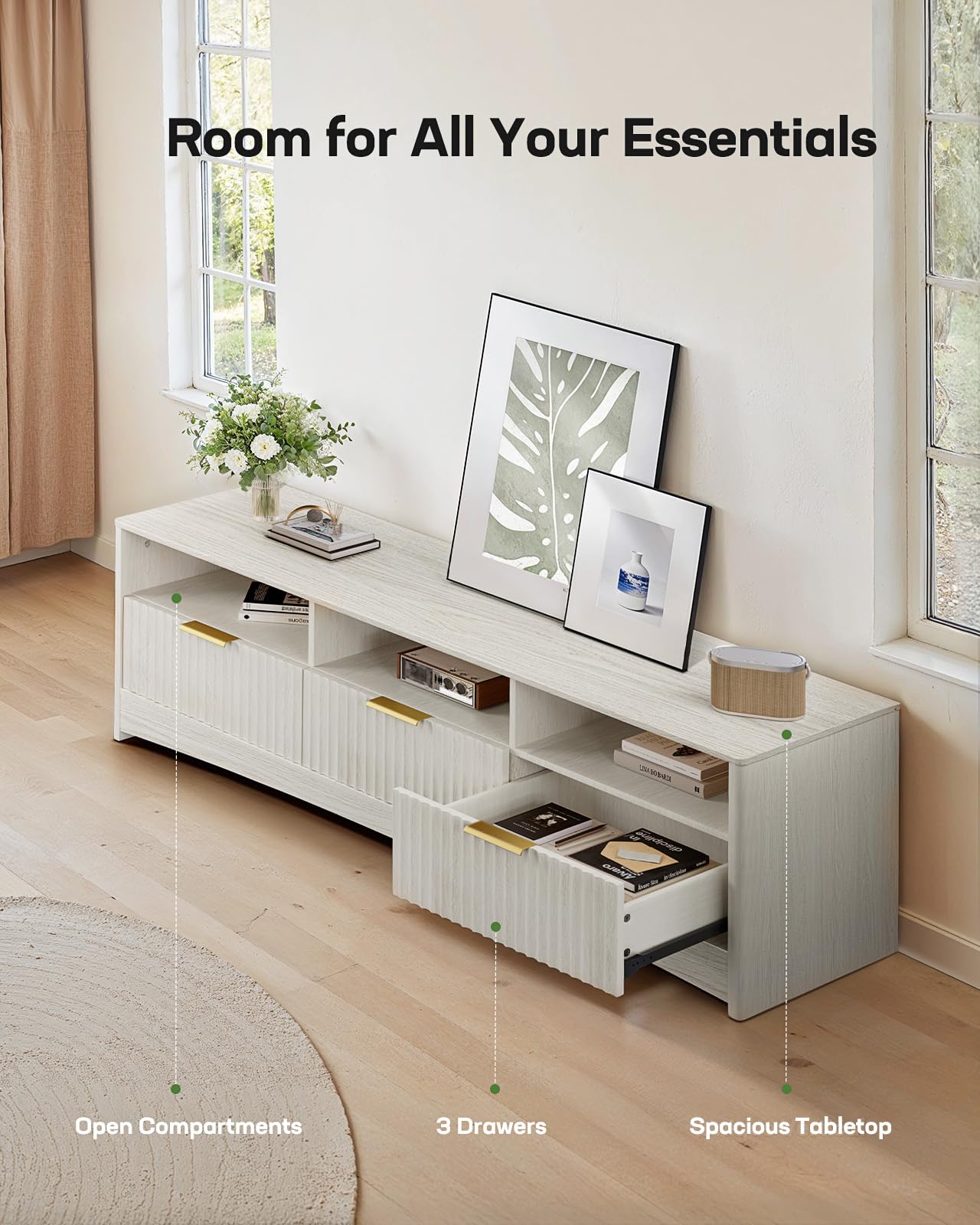 Marsail 59″ Wide TV Stand for TVs Up to 65″, Modern Entertainment Center with Fluted Panels, 3 Easy-Sliding Drawers, Open Shelves & Cable Hole, 3-Tier TV Stands for Living Room & Bedroom, Light Grey