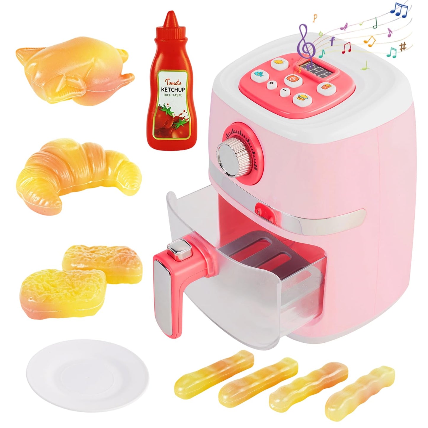 Play Kitchen Accessories, Pretend Kitchen Appliances Set with Toy Air Fryer for Kids with Sound and Lighting, Color-Changing Play Food, Birthday Gift for Boys and Girls Ages 3-5 4-8,Pink
