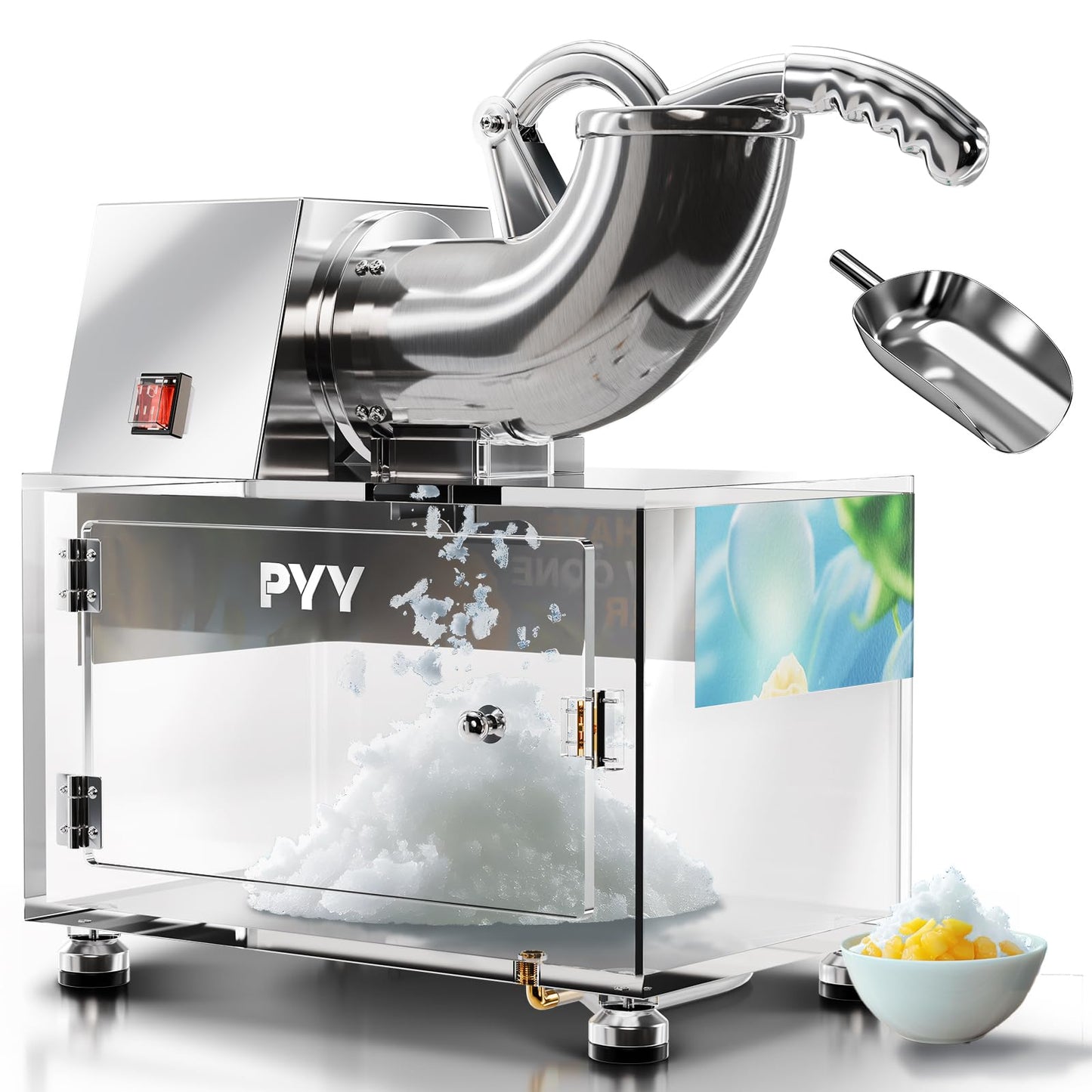PYY Snow Cone Machine - Commercial Ice Crusher Shaver, Electric Crushed Shaved Snowcone Maker, All-Copper Motor 440LBS/H 1400RPM, Stainless Steel Full Body, Dual Blades, Acrylic Box and Drain Pipe
