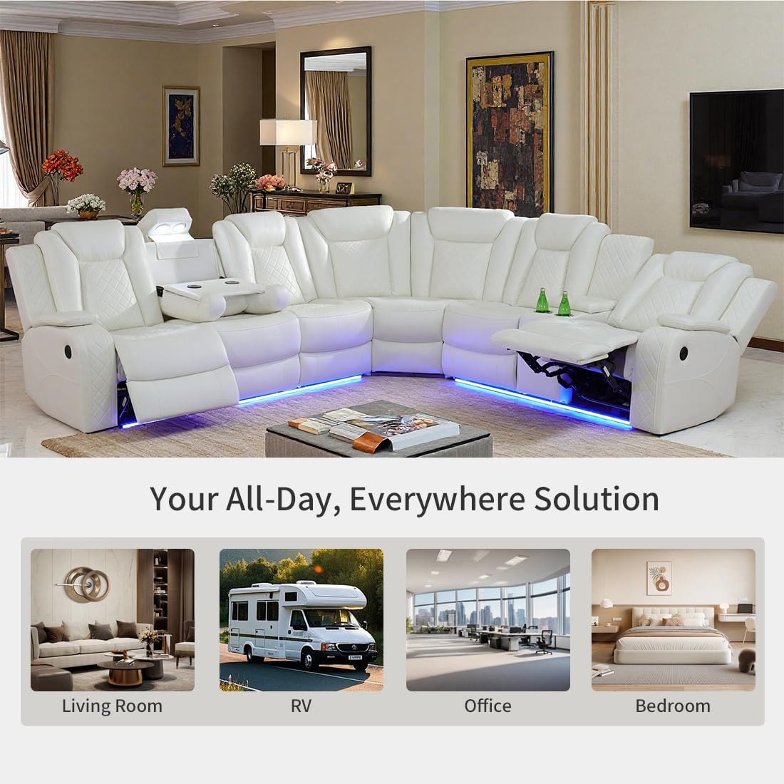 Toseslo Living Room Furniture Sets, Power Reclining Sofa Set, Vanilla White Leather 2 Recliner Sectional with LED Light, Power Recliner Sofa Sets with Cup Holder/Storage Console for Living Room