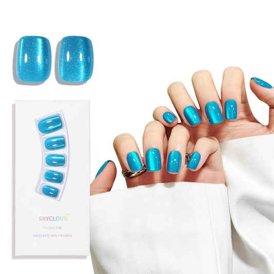 Lake Blue Cat Eyes Press On Nails,12 Sizes - 24 Pcs Soft Gel Blue Short Squoval Fake Nails Kit with Nail Glue, Natural Reusable Stick On False Nails for Women and Girls SK1062