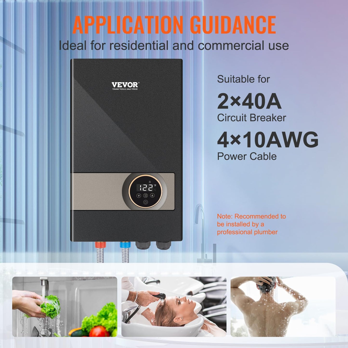 VEVOR Tankless Water Heater Electric 18KW, Compatible for Kitchen & Shower, LCD&Touchscreen, Digital Temperature Display, Child Lock, 240V, Black