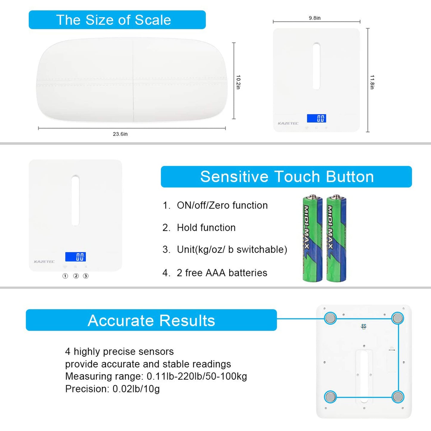 KAZETEC Baby Scale,pet Scale, Multi-Function Toddler Scale, Infant Scales for Weighing, Blue Backlight, Weight and Height Track,pet Scales for Cats
